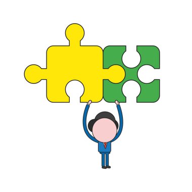 Vektör çizim işadamı karakter dayanabiliyor jigsaw puzzle parçaları bağlı. Renk ve siyah anahatlar.