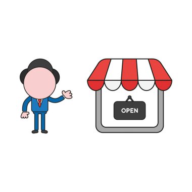 Vektör çizim işadamı karakter gösteren mağaza ile açık işareti asılı yazılı. Renk ve siyah anahatlar.