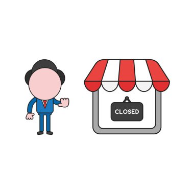 Vektör çizim işadamı karakter saklamak el dur işareti Mağazası ile yapmak ve işareti asılı yazılı kapalı. Renk ve siyah anahatlar.