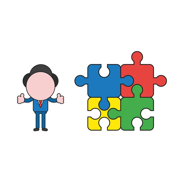 Vector Illustration Businessman Character Giving Thumbs Connected Jigsaw Puzzle Pieces — Wektor stockowy