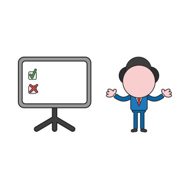 Vektör çizim işadamı karakter ve sunum grafik onay ile ve işaretleri x. Renk ve siyah anahatlar.