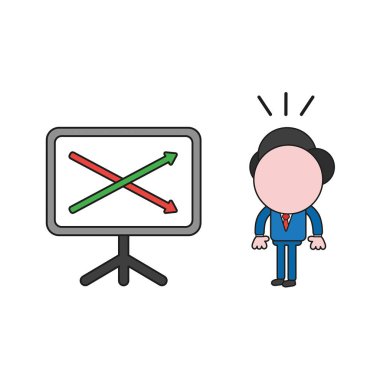 Vektör çizim işadamı karakter şaşırttı ve satış grafiği okları yukarı ve aşağı hareket arıyorum. Renk ve siyah anahatlar.