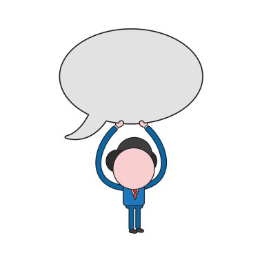 Vektör illüstrasyon iş adamı karakter boş konuşma balonu simgesinin tutarak. Renk ve siyah anahatlar.