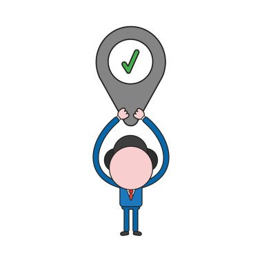 Vektör çizim işadamı karakter harita göstergesi onay işareti ile gidiyor. Renk ve siyah anahatlar.