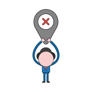 Vektör çizim işadamı karakter harita göstergesi x işareti ile gidiyor. Renk ve siyah anahatlar.