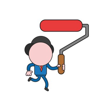 Çalışan ve rulo boya fırçası tutan vektör çizim işadamı karakter. Renk ve siyah anahatlar.