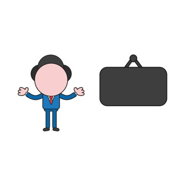 Vektör çizim işadamı karakter boş asılı işareti ile. Renk ve siyah anahatlar.