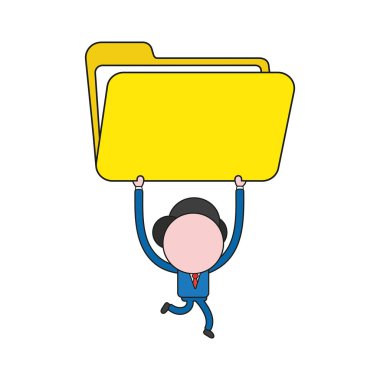 Vector illustration businessman character running and carrying open file folder icon. Color and black outlines.