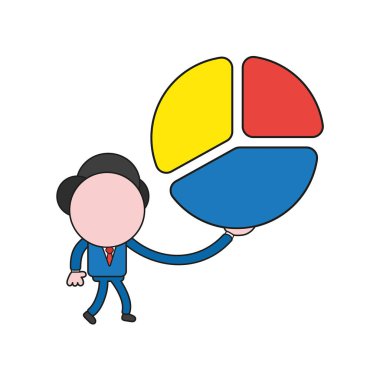 Vector illustration businessman character walking and holding three pieces diagram pie. Color and black outlines.
