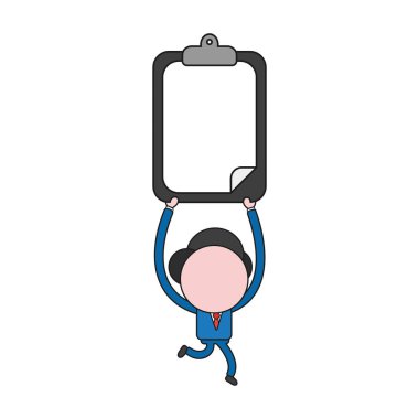 Vektör çizim işadamı karakter çalıştıran ve Pano boş kağıt ile taşıma. Renk ve siyah anahatlar.