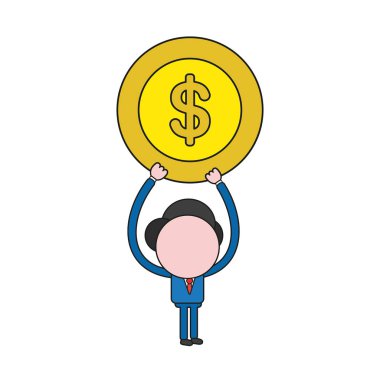 Vektör illüstrasyon iş adamı karakter Doları para sikke kadar tutarak. Renk ve siyah anahatlar.