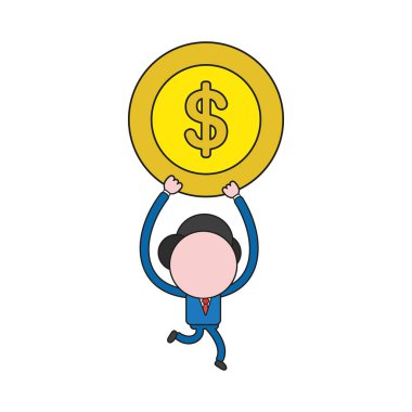 Çalışan ve doları para sikke taşıyan vektör illüstrasyon iş adamı karakteri. Renk ve siyah anahatlar.