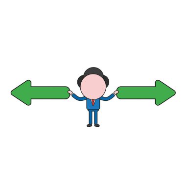 Vector illustration businessman character holding arrow pointing left and right ways. Color and black outlines.