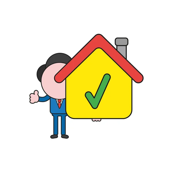 Vector Illustration Businessman Character Holding House Check Mark Icon Color — Διανυσματικό Αρχείο