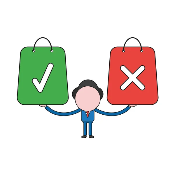 Vector Illustration Businessman Character Holding Shopping Bags Check Mark Symbols — Stockový vektor