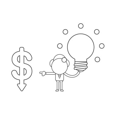 Vektör illüstrasyon iş adamı karakter holding parlayan ampul ve işaretleme doları aşağıya taşınması. Siyah anahat.
