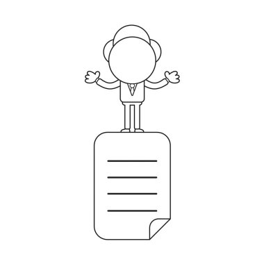 Vektör çizim işadamı karakter ayakta yazılı kağıt simgesi. Siyah anahat.