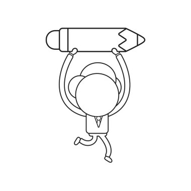 Çalışan ve kurşun kalem simgesini taşıyan vektör çizim işadamı karakter. Siyah anahat.