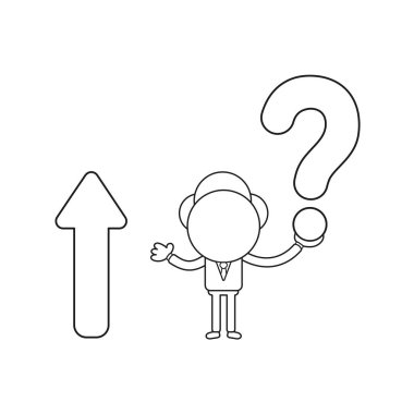 Vektör çizim işadamı karakter holding soru işareti ok yukarı hareket ile. Siyah anahat.