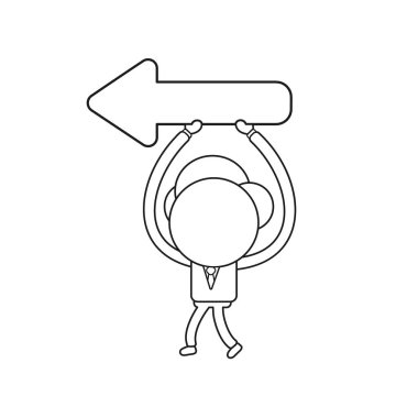 Vektör çizim işadamı karakter yürüyüş ve holding ok gösterilen şekilde yaptı. Siyah anahat.