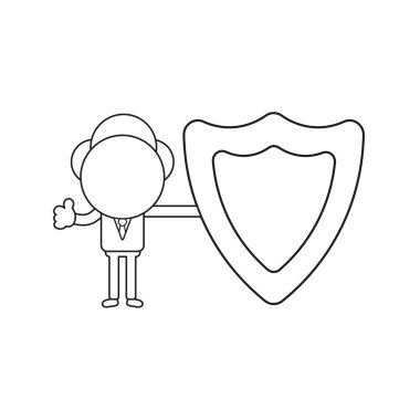 Vektör çizim işadamı karakter koruma kalkanı tutarak ve Yaşasın vererek. Siyah anahat.