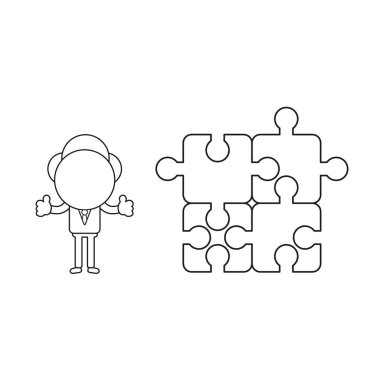 Vektör çizim işadamı karakter ile Yaşasın vererek jigsaw puzzle parçaları bağlı. Siyah anahat.