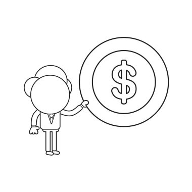 Vektör illüstrasyon işadamı karakter Doları para madeni para tutuyor. Siyah anahat.