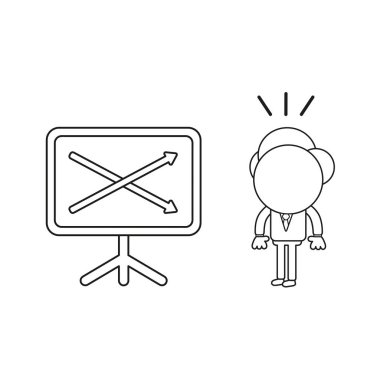 Vektör çizim işadamı karakter şaşırttı ve satış grafiği okları yukarı ve aşağı hareket arıyorum. Siyah anahat.