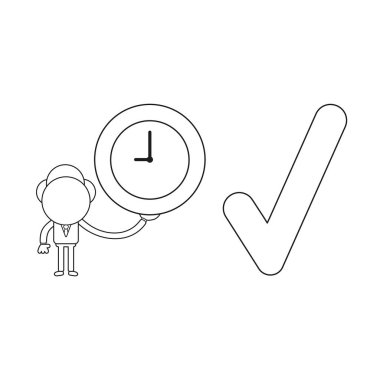 Vektör illüstrasyon iş adamı karakter onay işareti simgesini saatiyle tutarak. Siyah anahat.