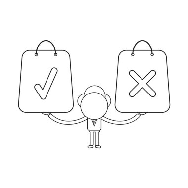 Vektör çizim işadamı karakter holding ve alışveriş torbaları ile kontrol ve x işareti sembolleri. Siyah anahat.