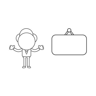 Vektör çizim işadamı karakter boş asılı işareti ile. Siyah anahat.