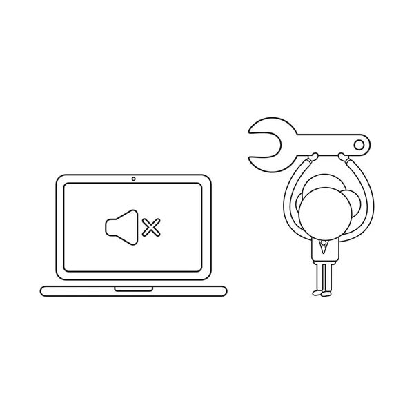 Vector Illustration Businessman Character Laptop Computer Sound Symbol Holding Spanner — Stok Vektör