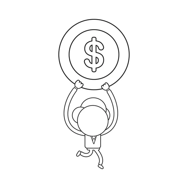 Векторная Иллюстрация Персонаж Бизнесмена Бегущий Несущий Долларовую Монету Чёрный Контур — стоковый вектор