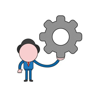 Vektör çizim işadamı karakter dişli tutarak. Renk ve siyah anahatlar.