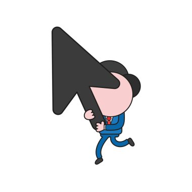 Vektör illüstrasyon işadamı karakter çalışan ve fare imleci ok tutarak. Renk ve siyah anahatlar.