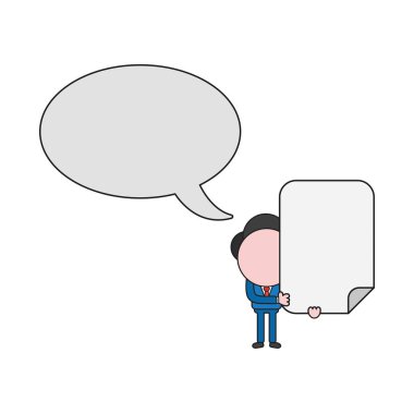 Vector illustration businessman character holding blank paper with speech bubble. Color and black outlines.