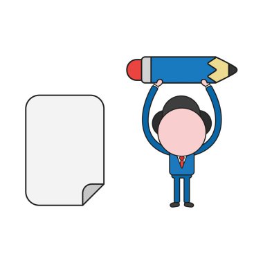 Vektör çizim işadamı karakter boş kağıt ve kalem tutan. Renk ve siyah anahatlar.