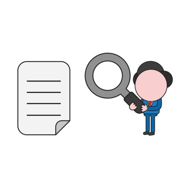 Vektör çizim işadamı karakter Büyüteç tutarak ve yazılı kağıt arıyorum. Renk ve siyah anahatlar.