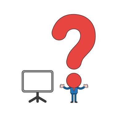 Vektör çizim işadamı karakter boş sunu grafik ve soru işareti kafa ile. Renk ve siyah anahatlar.