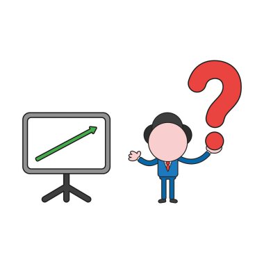 Vector illustration businessman character with sales chart moving up and holding question mark. Color and black outlines.