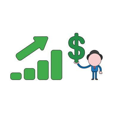 Vector illustration businessman character with sales bar chart moving up and holding dollar symbol. Color and black outlines.