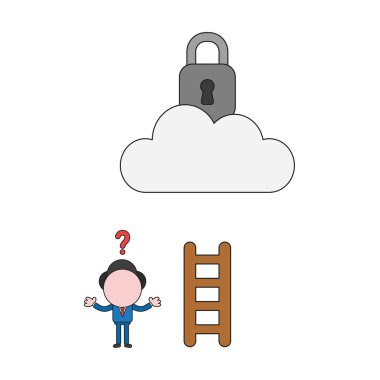 Vector illustration confused businessman character  cannot reach padlock on cloud with short wooden ladder. Color and black outlines.