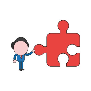 Vector illustration businessman character holding jigsaw puzzle piece. Color and black outlines.