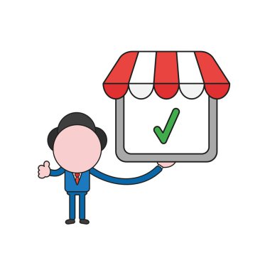 Vektör illüstrasyon işadamı karakter onay işareti ve gesturing başparmak ile mağaza tutan. Renk ve siyah anahatlar.