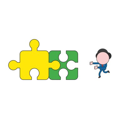 Vektör çizim işadamı karakter için çalışan iki parçalı bulmaca parça bağlı. Renk ve siyah anahatlar.