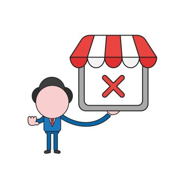 Vektör illüstrasyon işadamı karakter x işareti ve gesturing el dur işareti ile mağaza holding. Renk ve siyah anahatlar.