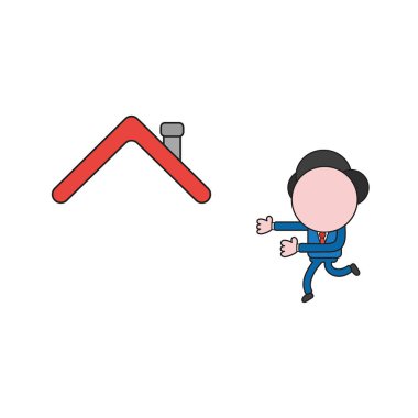 Vektör çizim işadamı karakter evin çatı için çalışan. Renk ve siyah anahatlar.