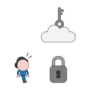 Vektör illüstrasyon iş adamı karakter bulut asma kilit açmak için anahtar arıyorum. Renk ve siyah anahatlar.