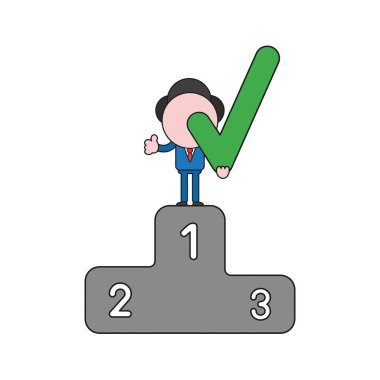 Onay işareti birinciliği kazanan podyum üzerinde tutarak ve mimik vektör çizim işadamı karakter yaşasın. Renk ve siyah anahatlar.