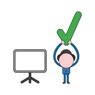 Vektör çizim işadamı karakter onay işareti boş sunu grafik ile gidiyor. Renk ve siyah anahatlar.